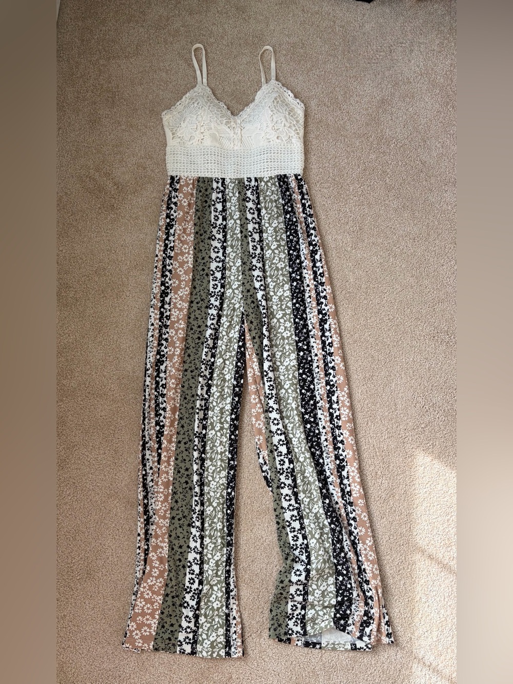 Derek Heart Cream Crochet Top Striped Floral Jumpsuit